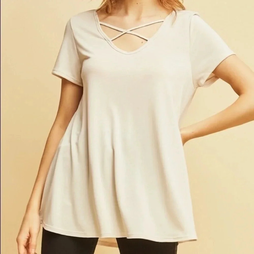 NWT entro boutique Cream crisscross v-neck basic modal top neutral layering